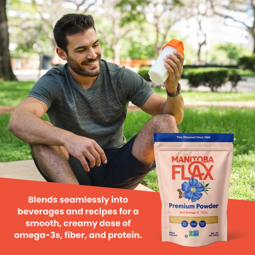 Manitoba Flax Premium Powder packaging front; shows 1 lb bag of Canadian flax powder.