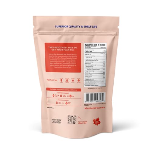 Manitoba Flax Premium Powder spoon; sprinkle into yogurt for 3000 mg omega-3 boost.