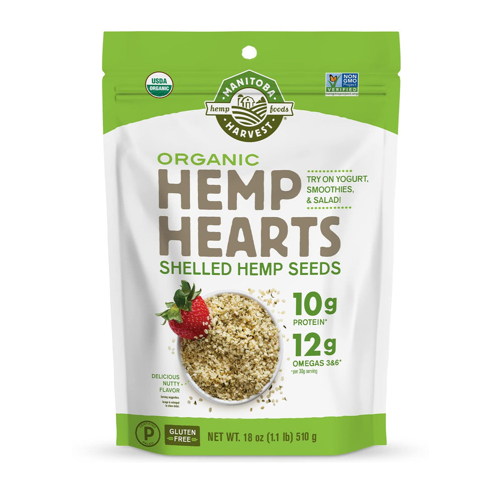 Manitoba Harvest Hemp Hearts bag front with organic non-GMO label for a protein-packed option.