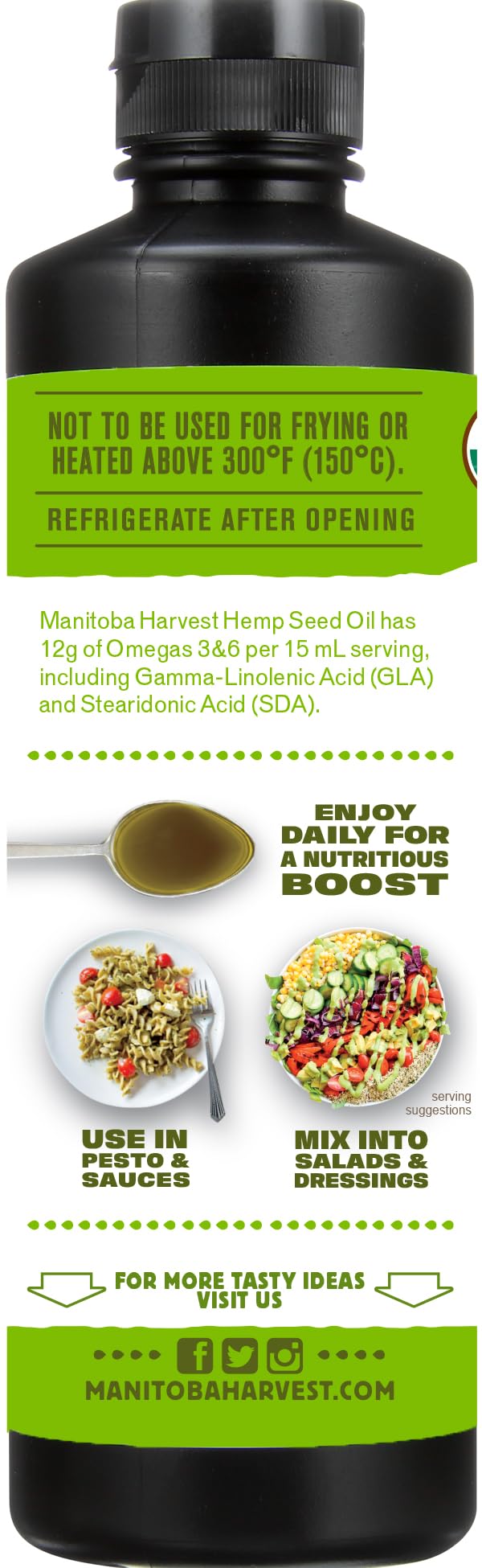 Manitoba Harvest hemp oil in smoothie adding omega-rich nutrition.