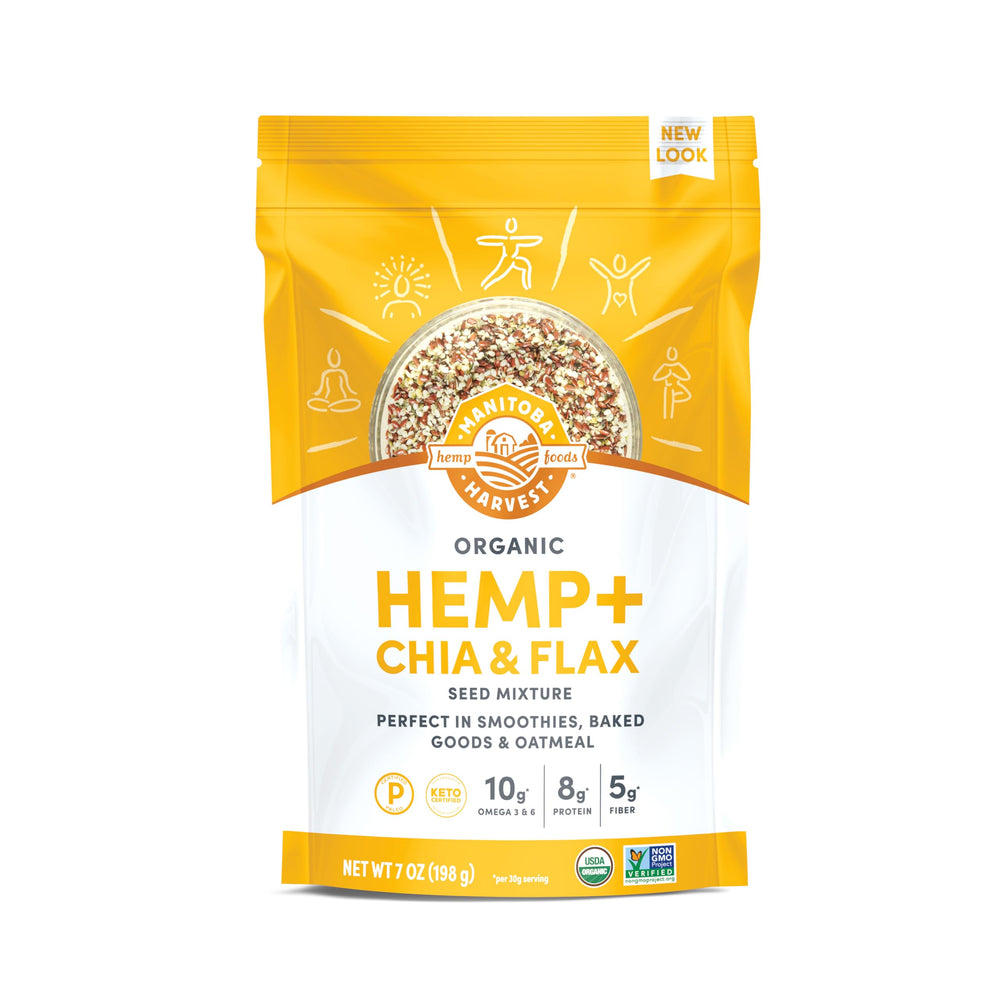 Manitoba Harvest Hemp Plus Flax Chia Seeds bag highlights nutrient-dense blend for smoothies.