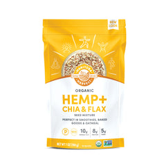 Manitoba Harvest Hemp Plus Flax Chia Seeds bag highlights nutrient-dense blend for smoothies.