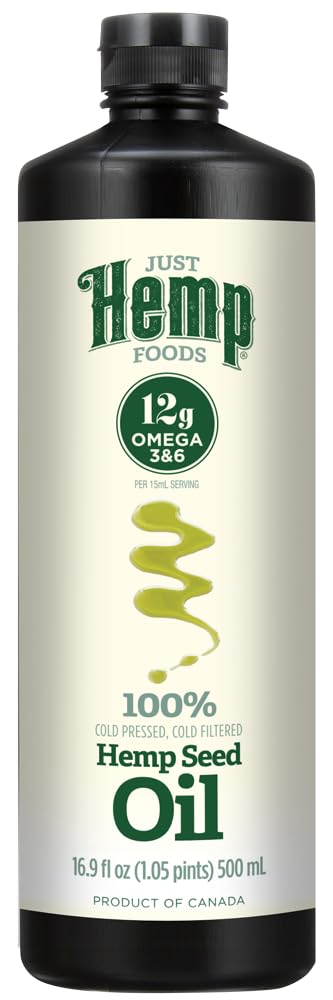 Manitoba Harvest Just Hemp Oil bottle pour showcasing omega-rich oil for dressings