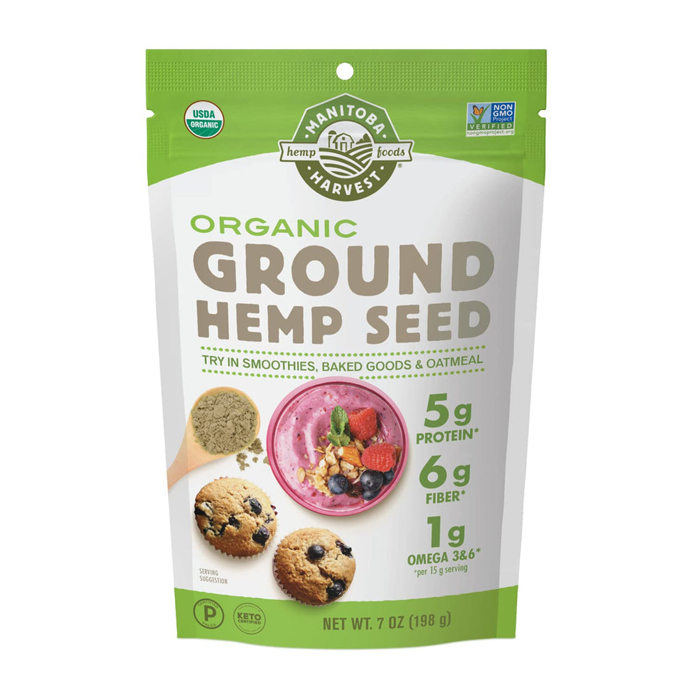 Manitoba Harvest Organic Ground Hemp Seeds in a 7oz jar showing protein and fiber benefits.