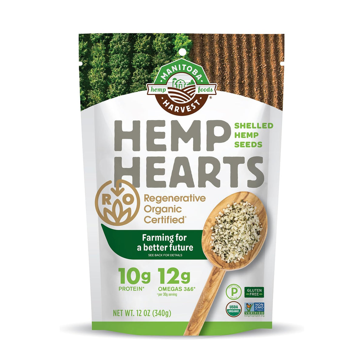 Manitoba Harvest regenerative hemp hearts bag front showing organic, non-GMO seeds ideal for versatile meals