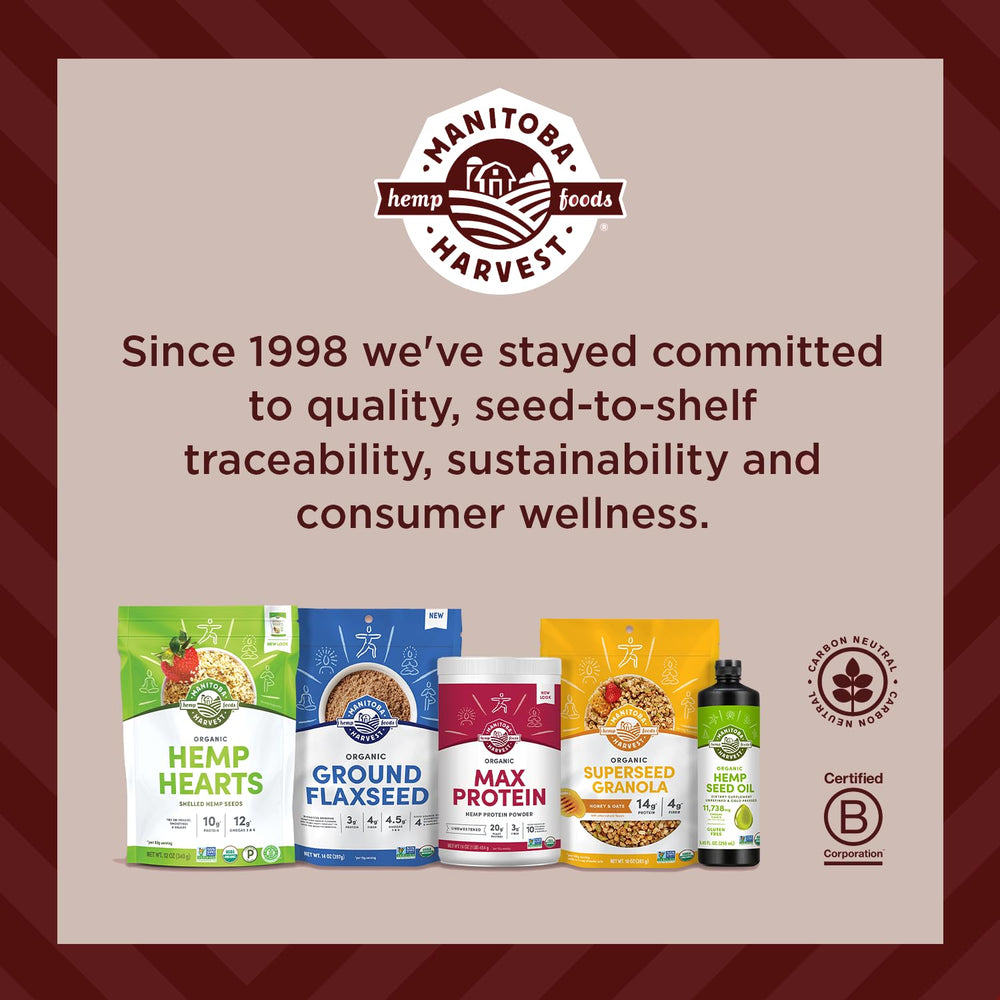 Manitoba Harvest snack cluster held in hand, convenient protein-rich treat.