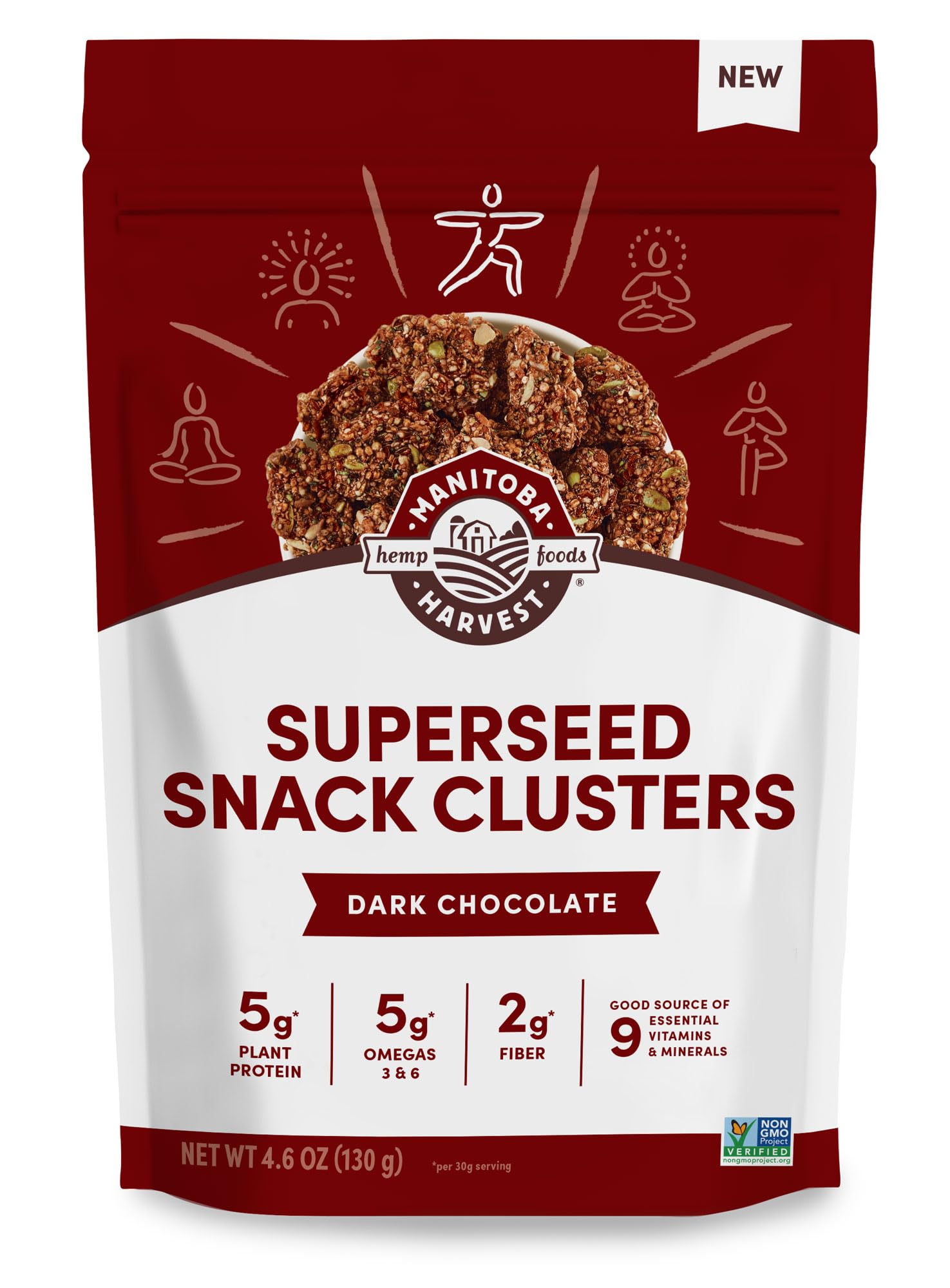 Manitoba Harvest Superseed Dark Chocolate Clusters in a bag, crunchy on-the-go energy.
