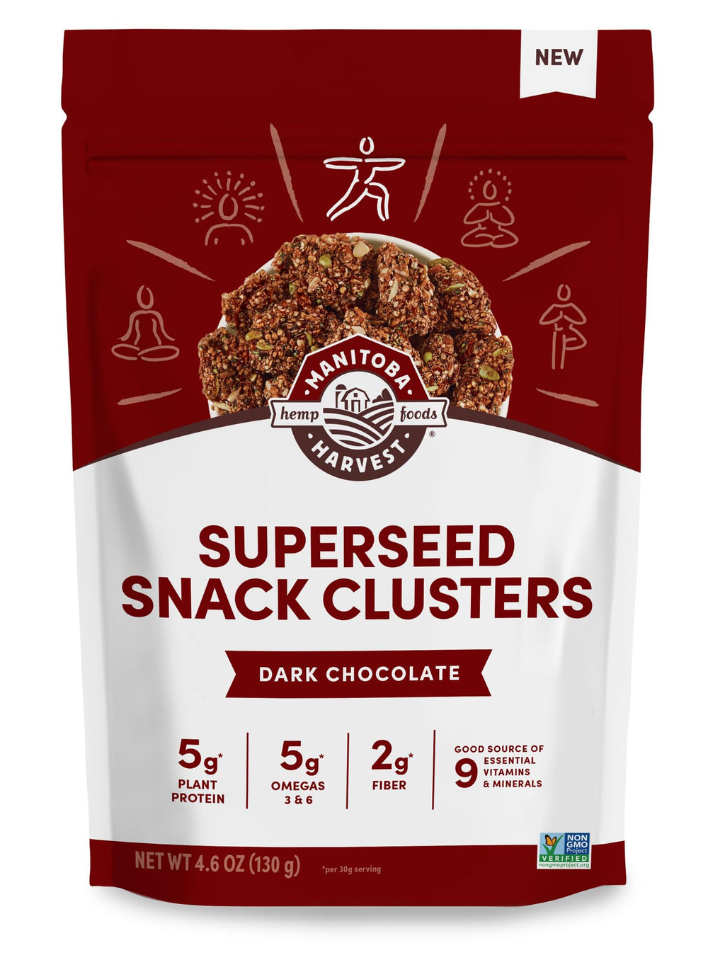 Manitoba Harvest Superseed Dark Chocolate Clusters in a bag, crunchy on-the-go energy.