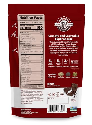 Manitoba Harvest Superseed Dark Chocolate Clusters closeup, rich color and seed blend texture.