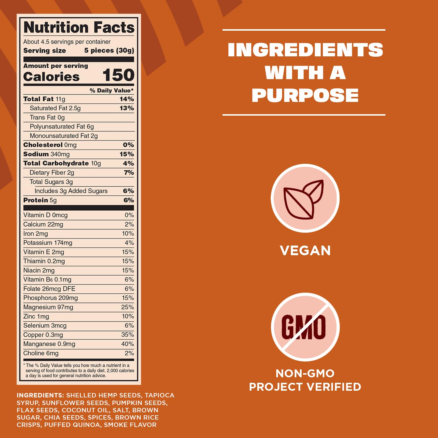 Manitoba Harvest Superseed Snack Clusters smoky BBQ ingredients spread highlighting the 6-in-1 blend
