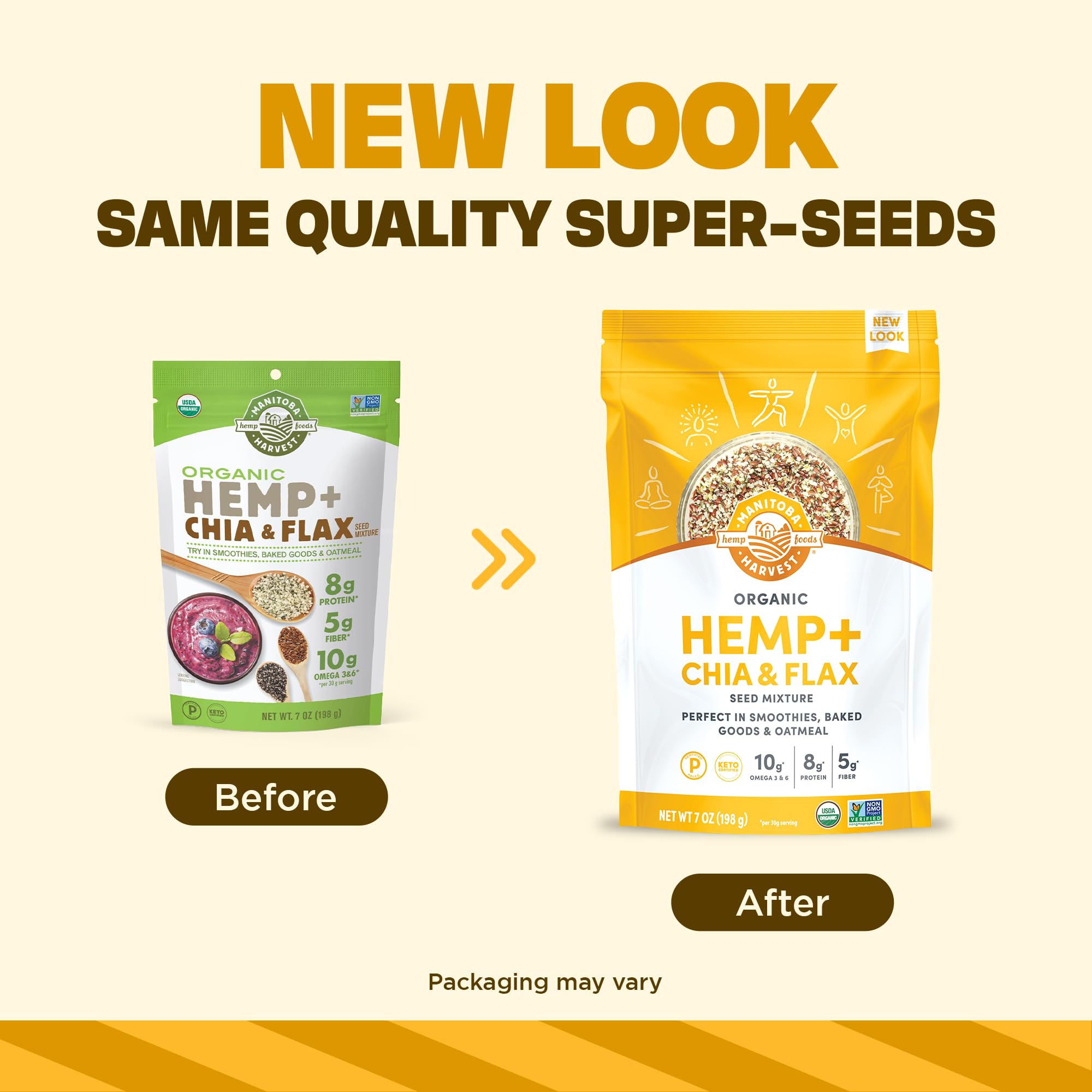 Manitoba Harvest vegan Non-GMO packaging emphasizes organic, plant-based seeds.