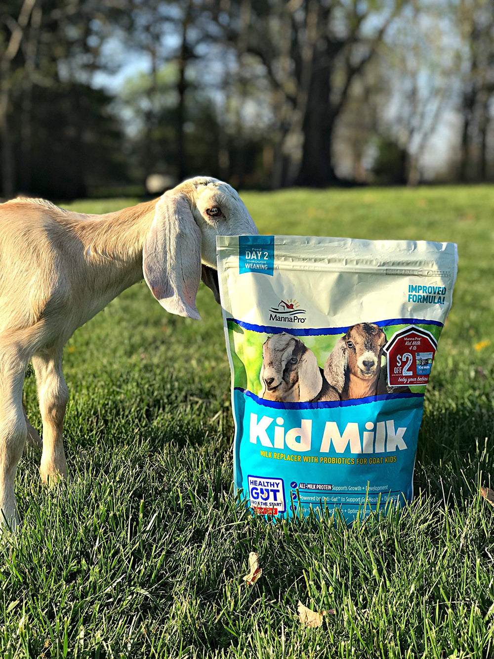 Manna Pro Goat Kid Milk Replacer bag and scoop shown in a farm setup.