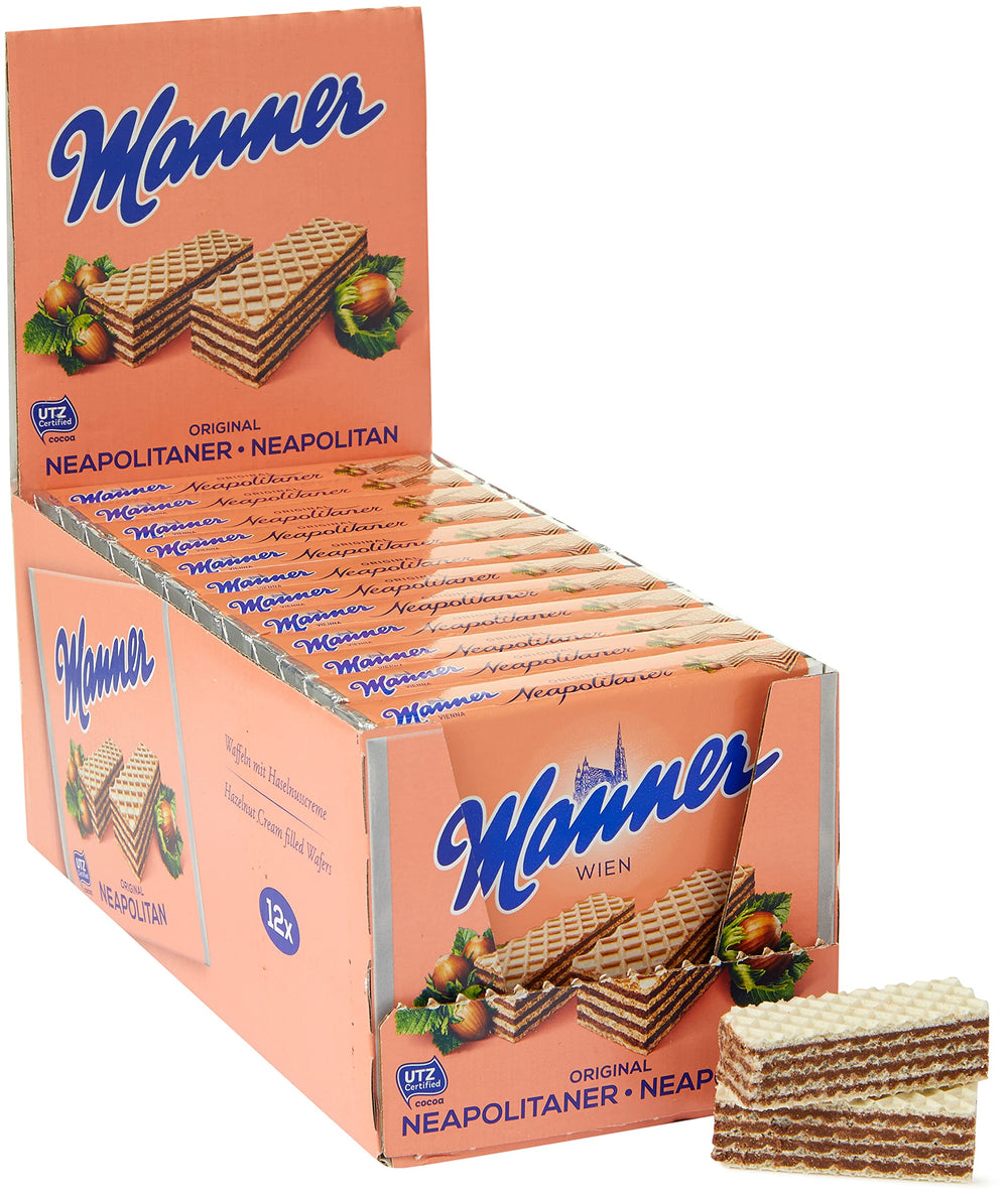 Manner Original Neapolitaner wafers on front-pack display for quick, satisfying snacking
