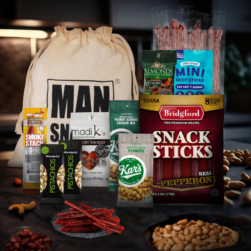 ManSnacks gift bag shows sturdy, reusable packaging for long-term use.