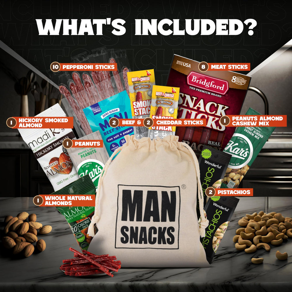 ManSnacks Deluxe Jerky & Nuts Gift Basket close-up showing beef sticks for on-the-go snacking.