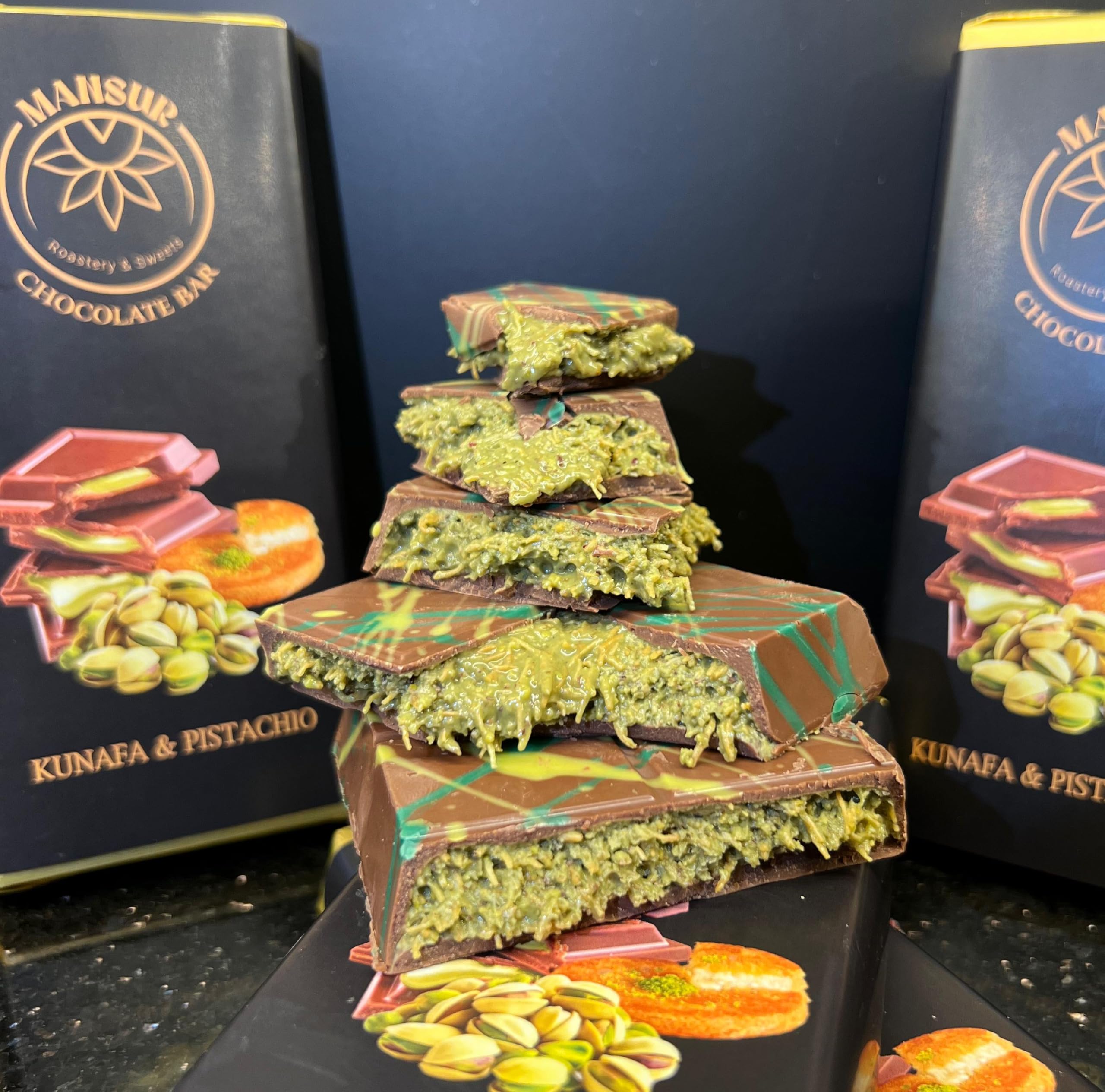 MANSUR Viral Dubai chocolate bar front view with pistachio and kunafa texture, ideal for gifting.