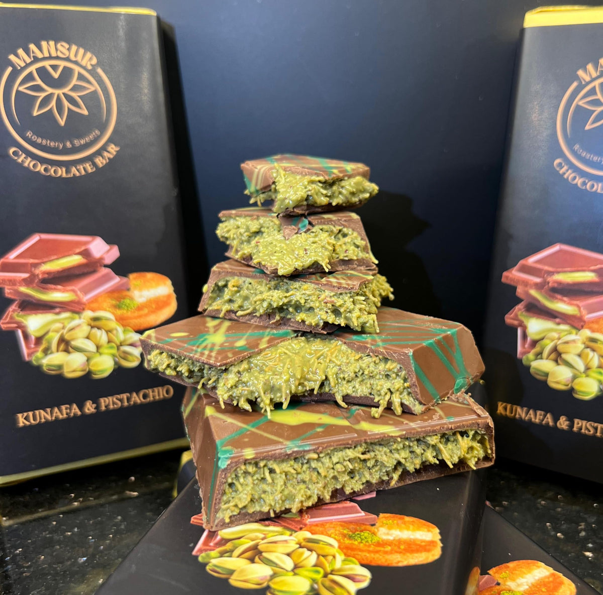 MANSUR Viral Dubai chocolate bar front view with pistachio and kunafa texture, ideal for gifting.