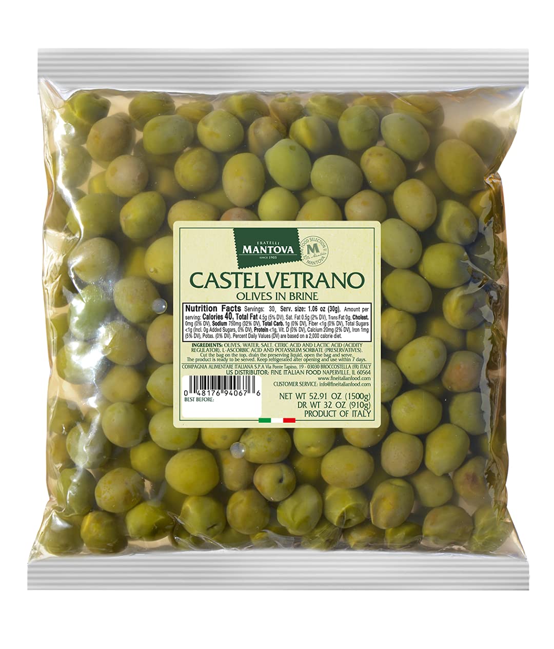 Mantova Castelvetrano olives in mild brine, ready-to-eat for a heart-healthy snack.