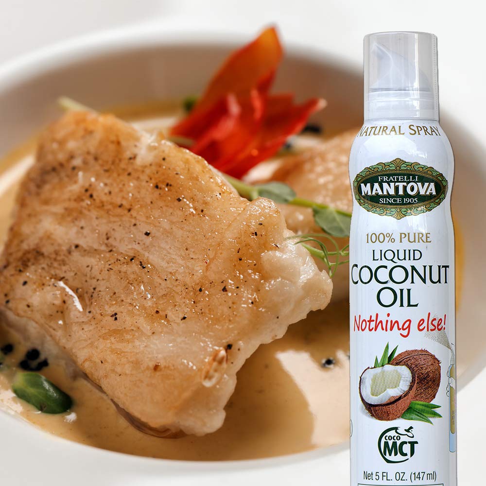 Mantova coconut oil spray near a grill for light, controlled use