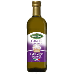 Mantova Garlic EVOO bottle on kitchen counter ready for finishing Italian meals