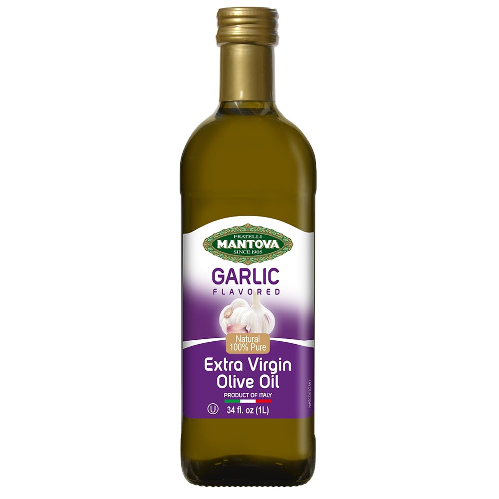 Mantova Garlic EVOO bottle front view showing aromatic garlic infusion for salads and dipping.
