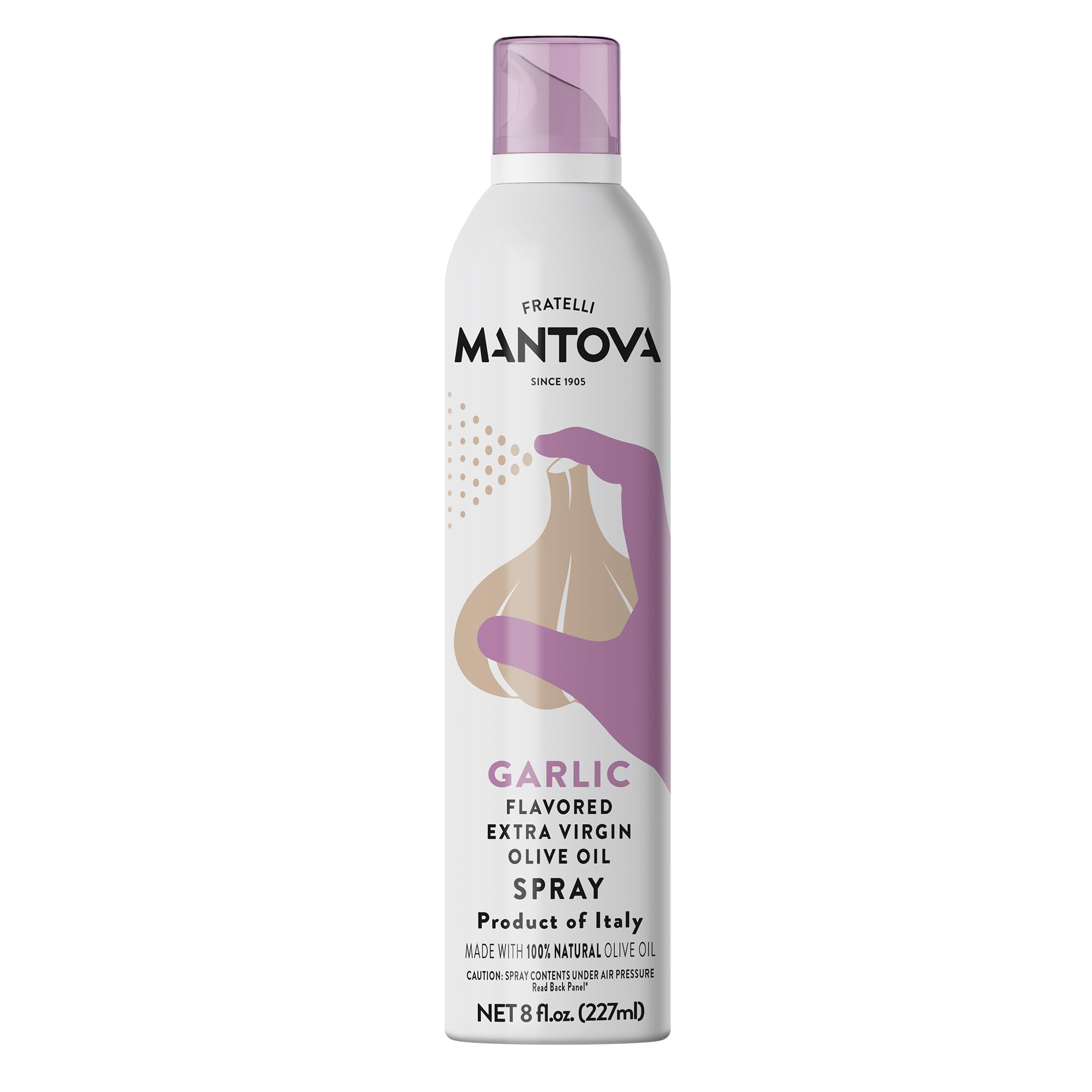 Mantova Garlic Flavored EVOO Spray bottle pouring a light drizzle on dish