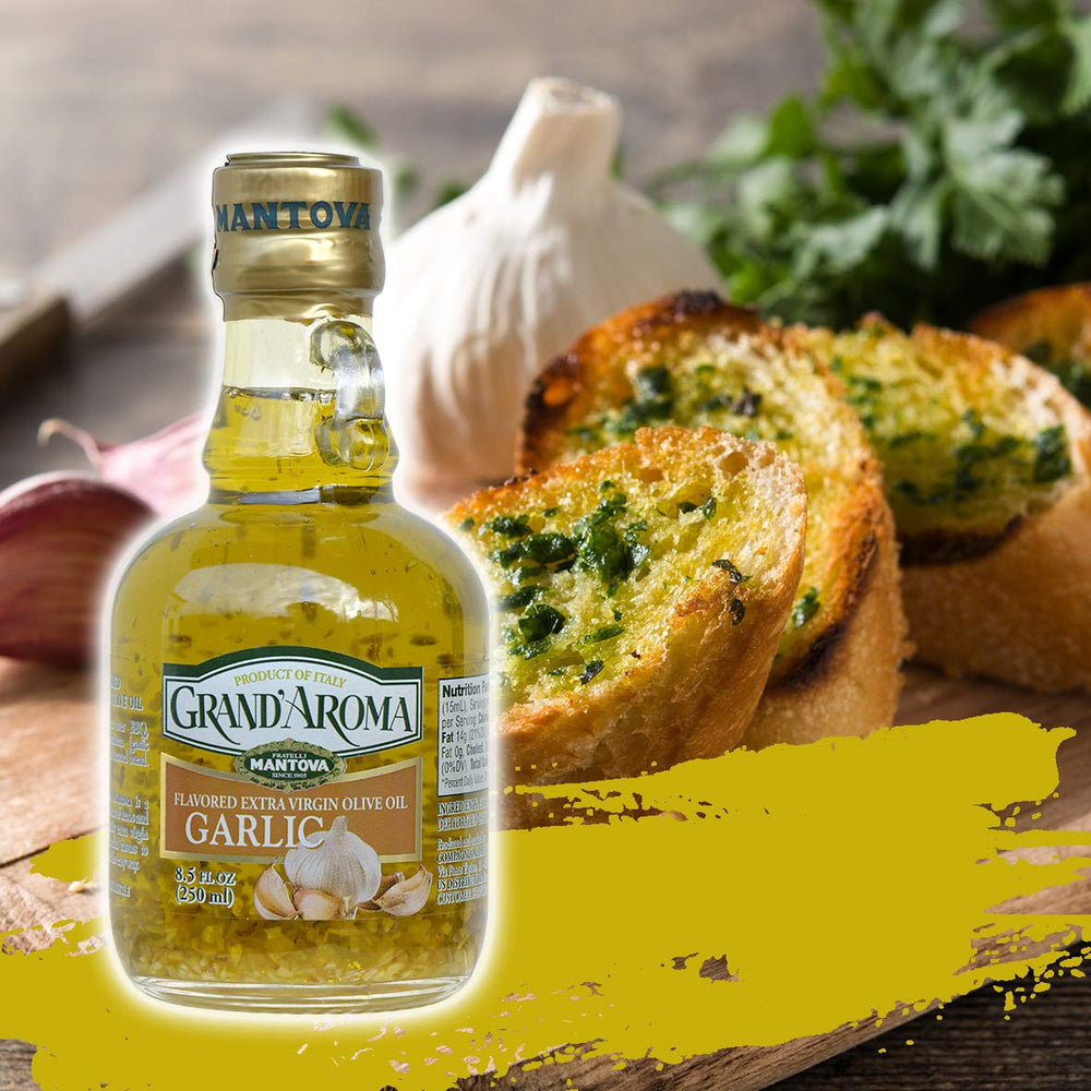 Mantova Garlic Grand'Aroma olive oil bottle with non-drip pour spout in kitchen.