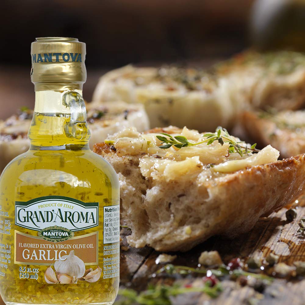 Mantova Garlic Grand'Aroma olive oil drizzle over a fresh salad.