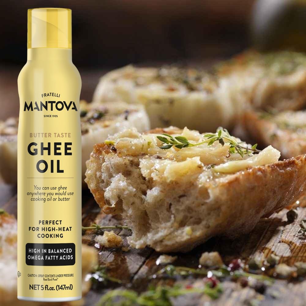 Mantova ghee oil spray salad dressing adds flavor with olive and avocado notes