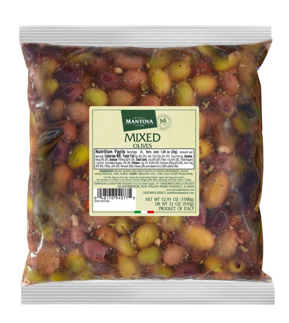 Mantova mixed olives in mild brine with herbs and spices, ideal for antipasti and salads