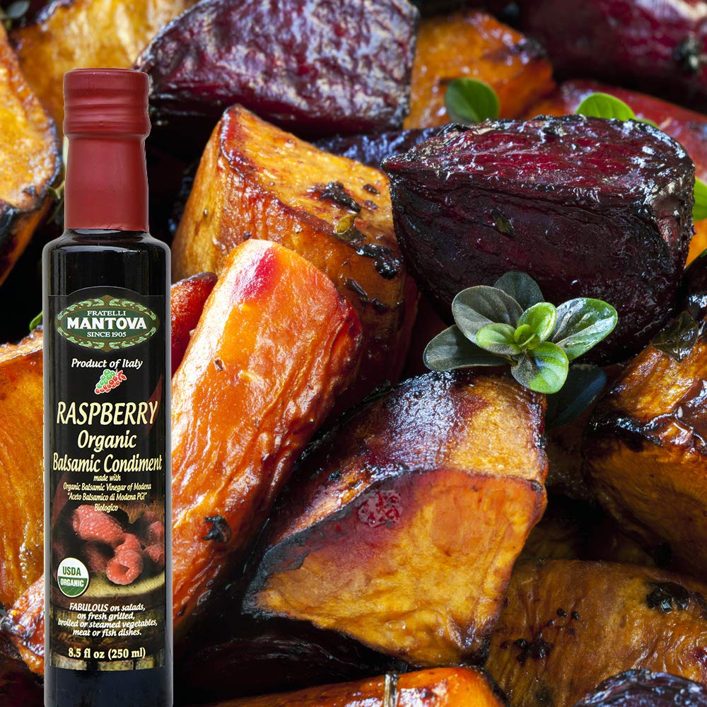 Mantova Organic Raspberry Balsamic packaging highlighting Modena heritage and quality.