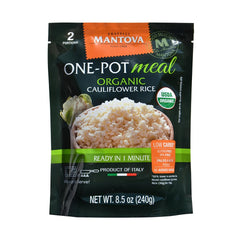 Mantova Organic Cauliflower Rice six-pack on kitchen counter for healthy meals