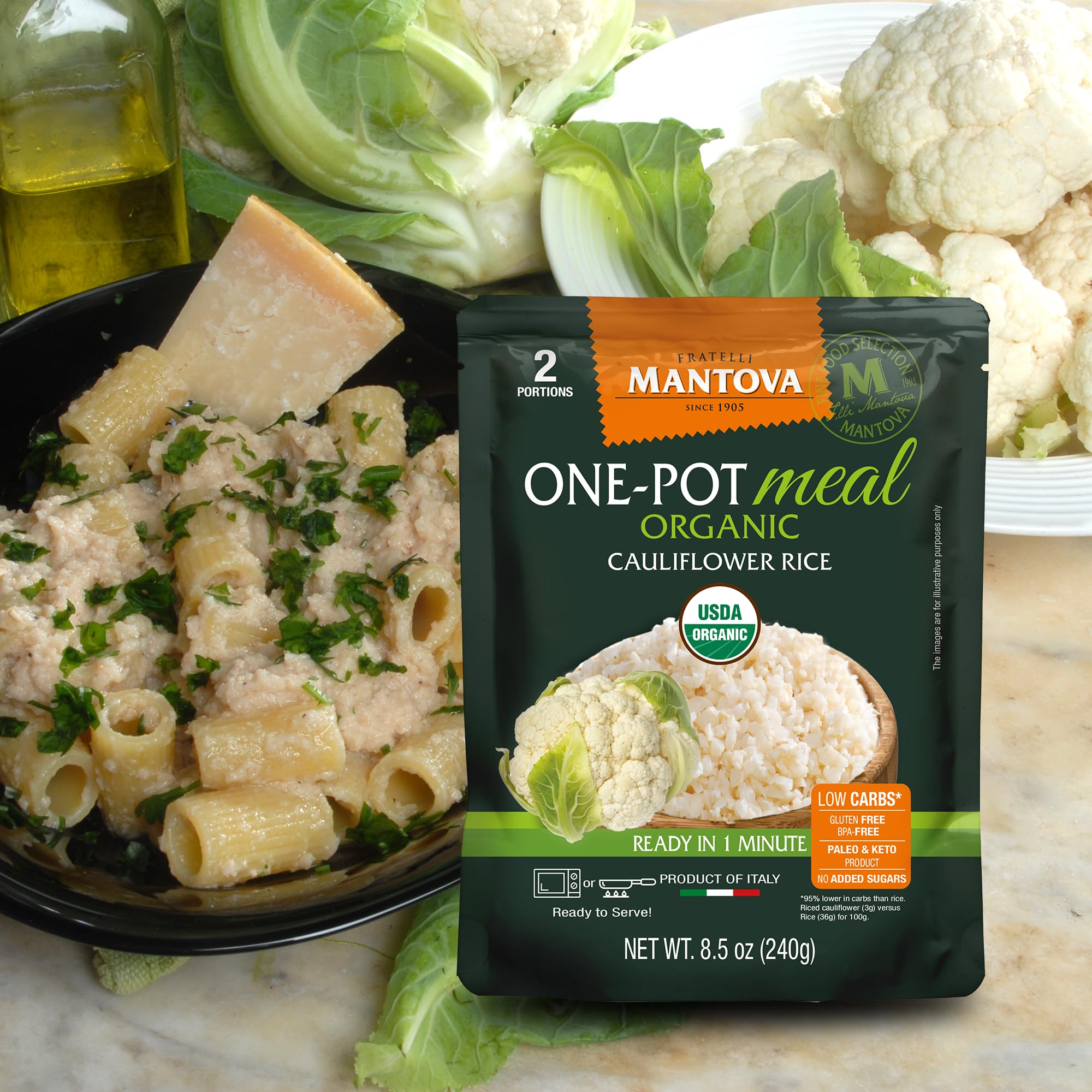 Mantova Organic Cauliflower Rice close up of ingredients