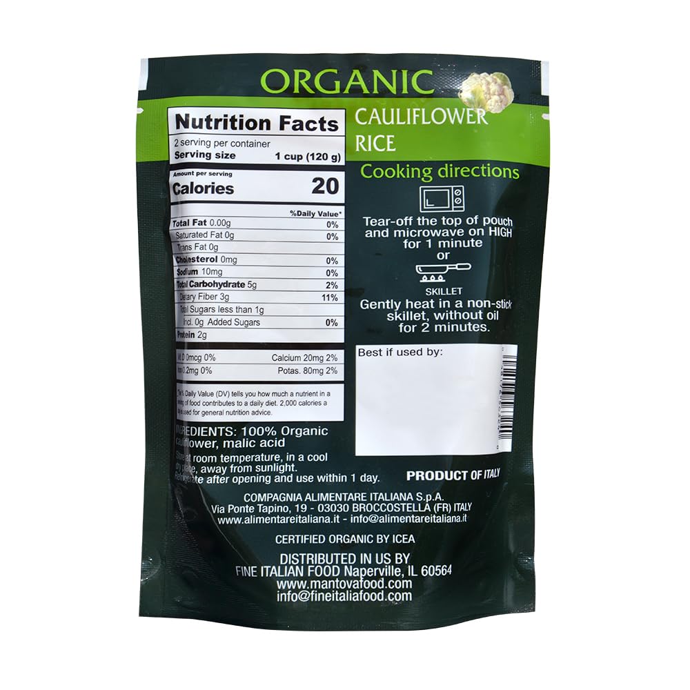 Mantova cauliflower rice microwave ready pouch enabling quick prep