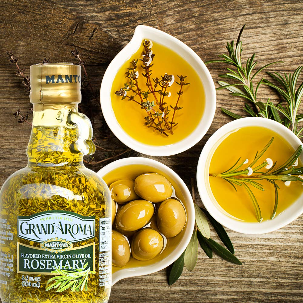 Close-up of rosemary infusion highlighting Mantova oil aroma and flavor.