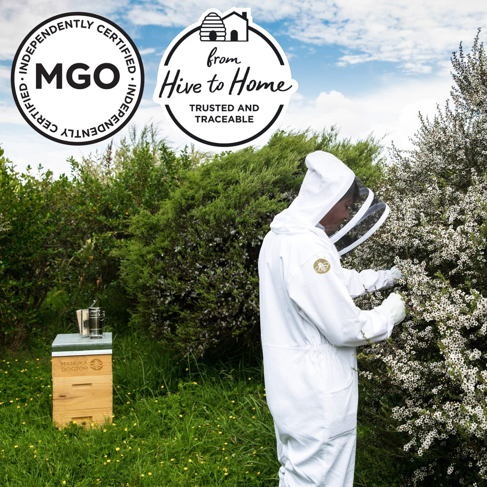 Manuka Doctor certification label, NZ government-compliant, authentic Manuka honey.