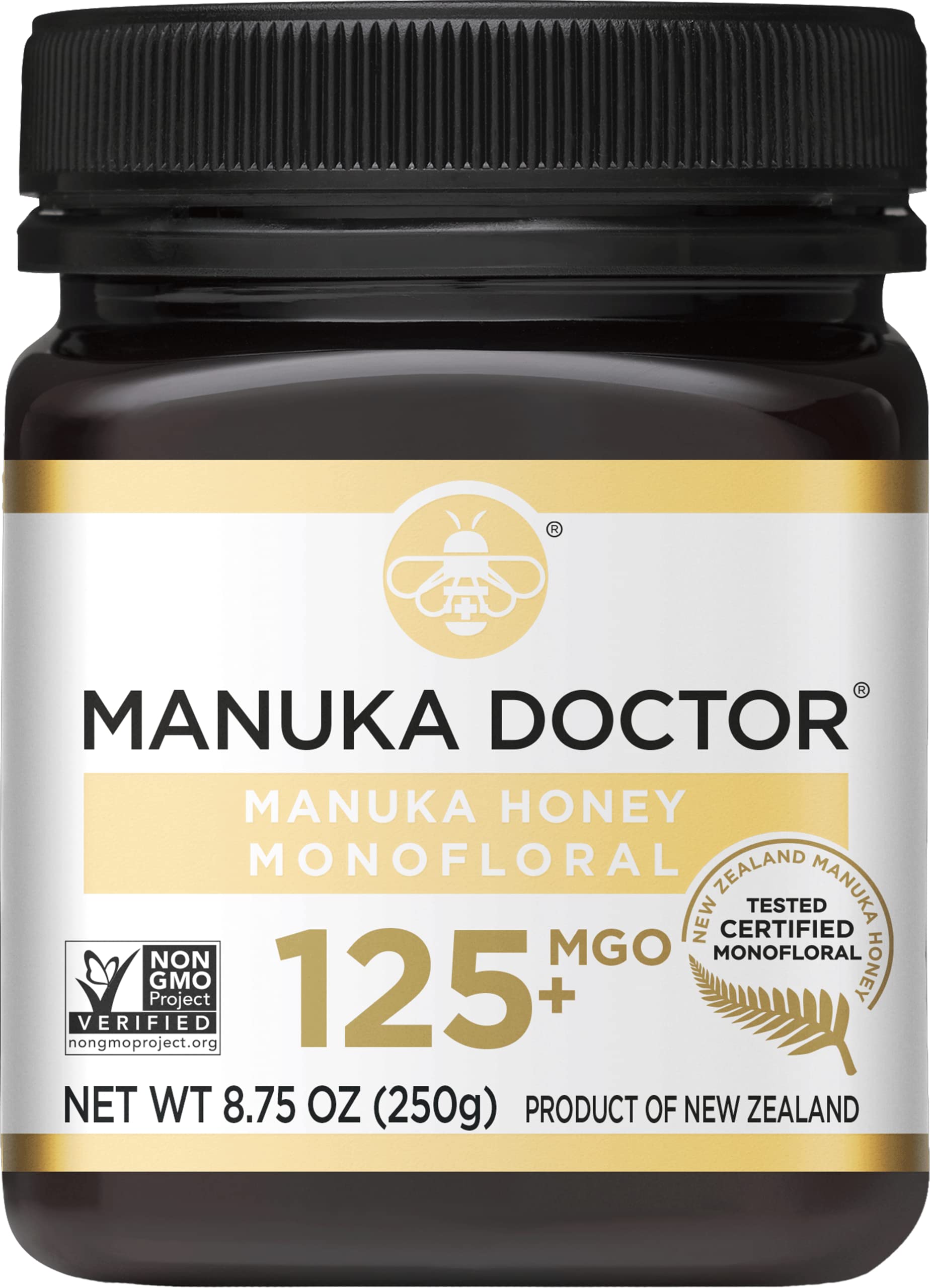 Manuka Doctor honey bottle close-up with rich amber color for tea and toast