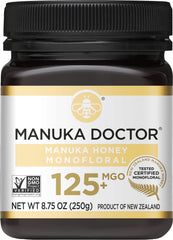 Manuka Doctor honey bottle close-up with rich amber color for tea and toast