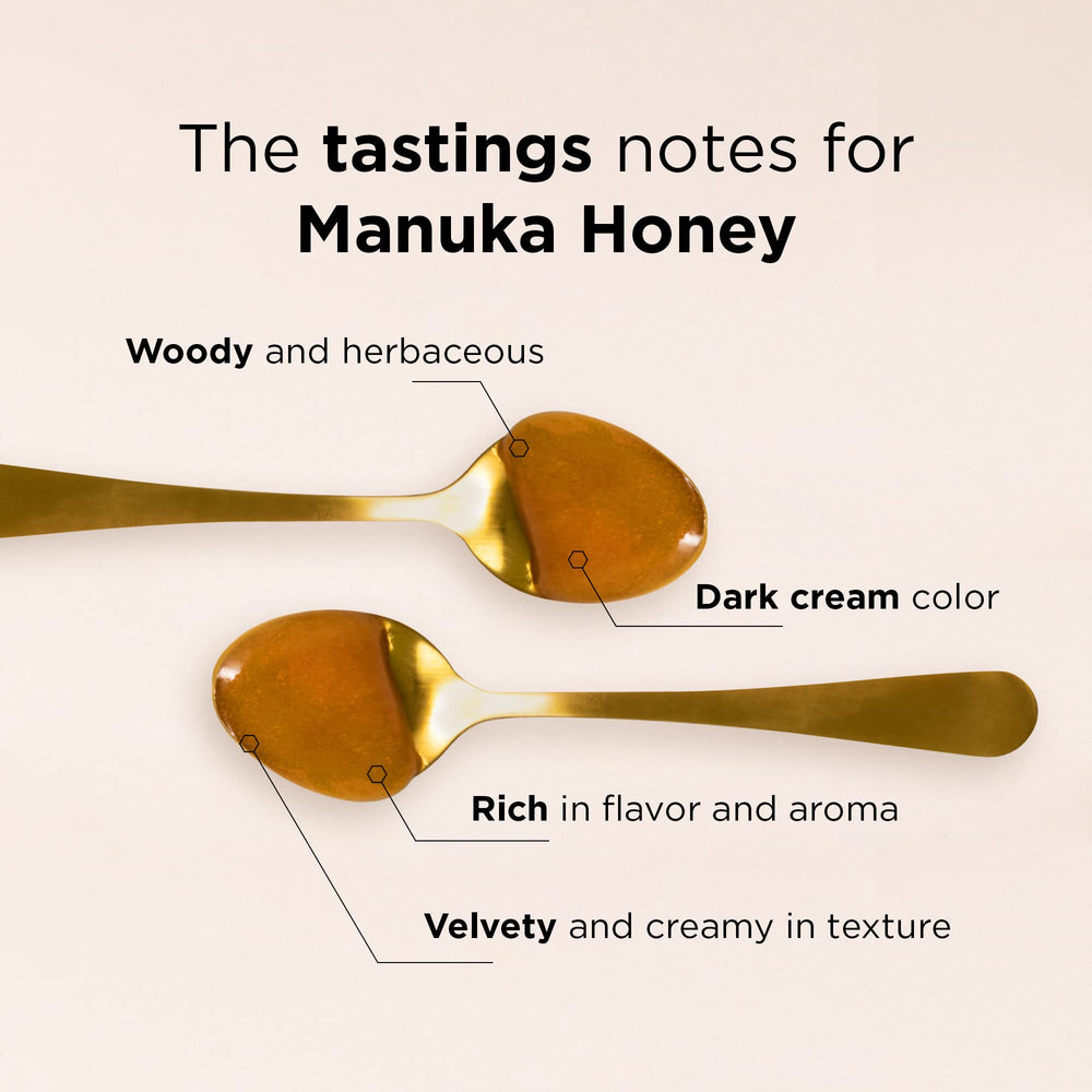 Manuka Doctor monofloral honey jar beside harvest label and bees