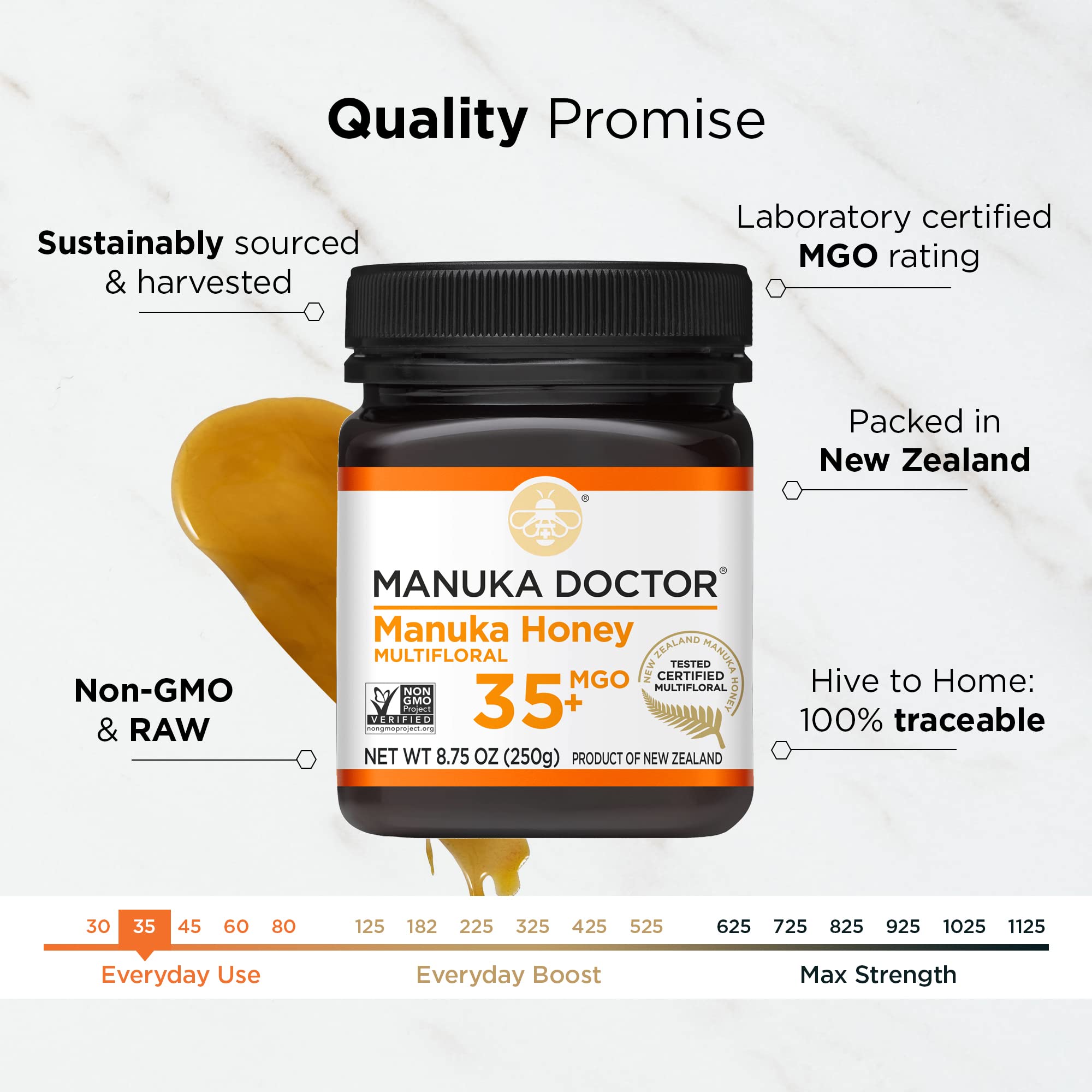 Manuka Doctor honey jar closeup reveals rich texture and color.
