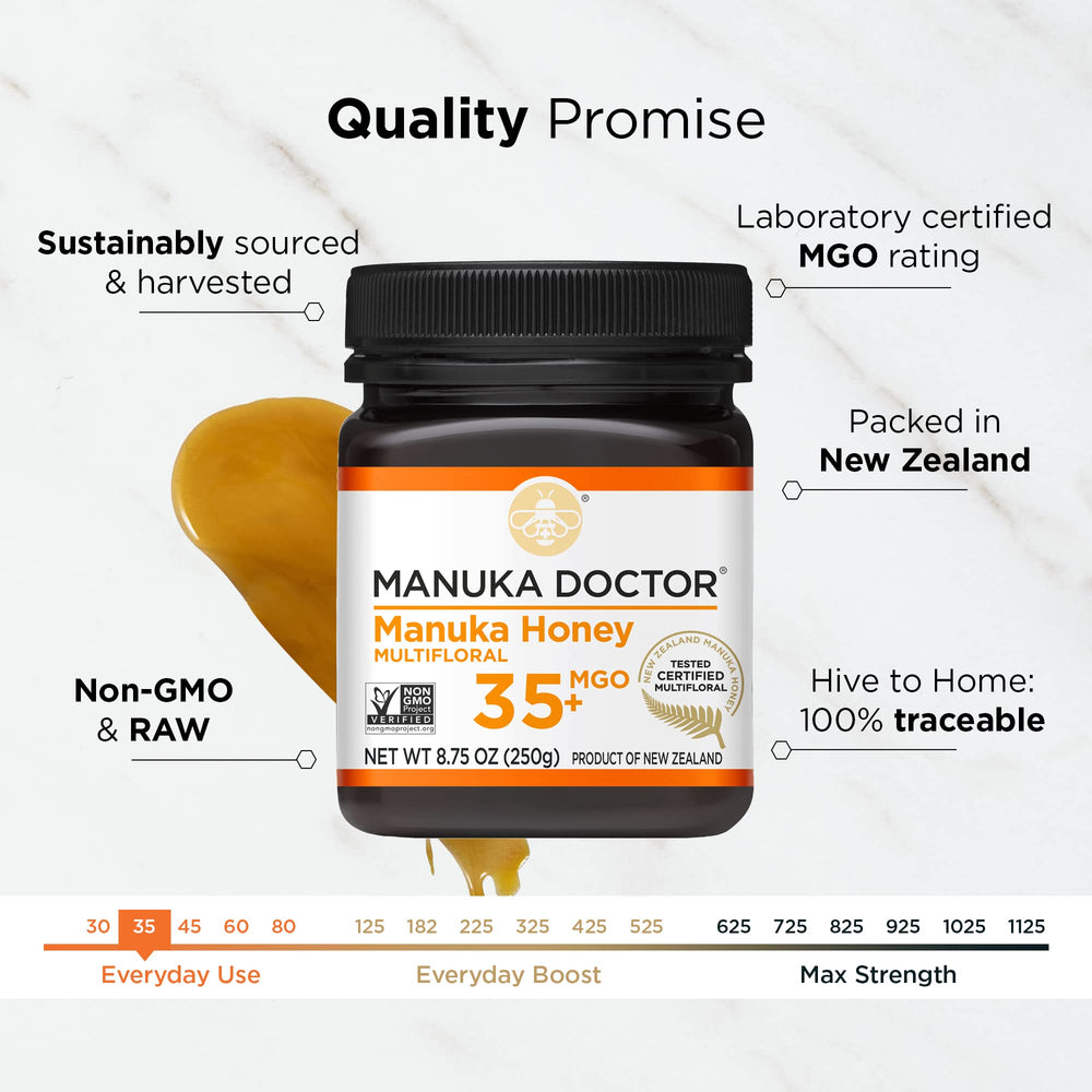 Manuka Doctor honey jar closeup reveals rich texture and color.