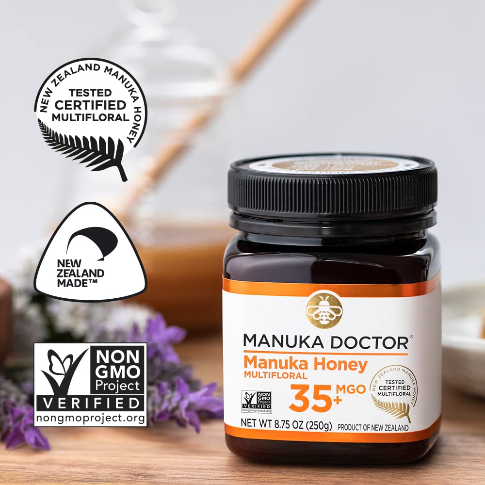 Manuka Doctor honey texture closeup with velvety amber hue.