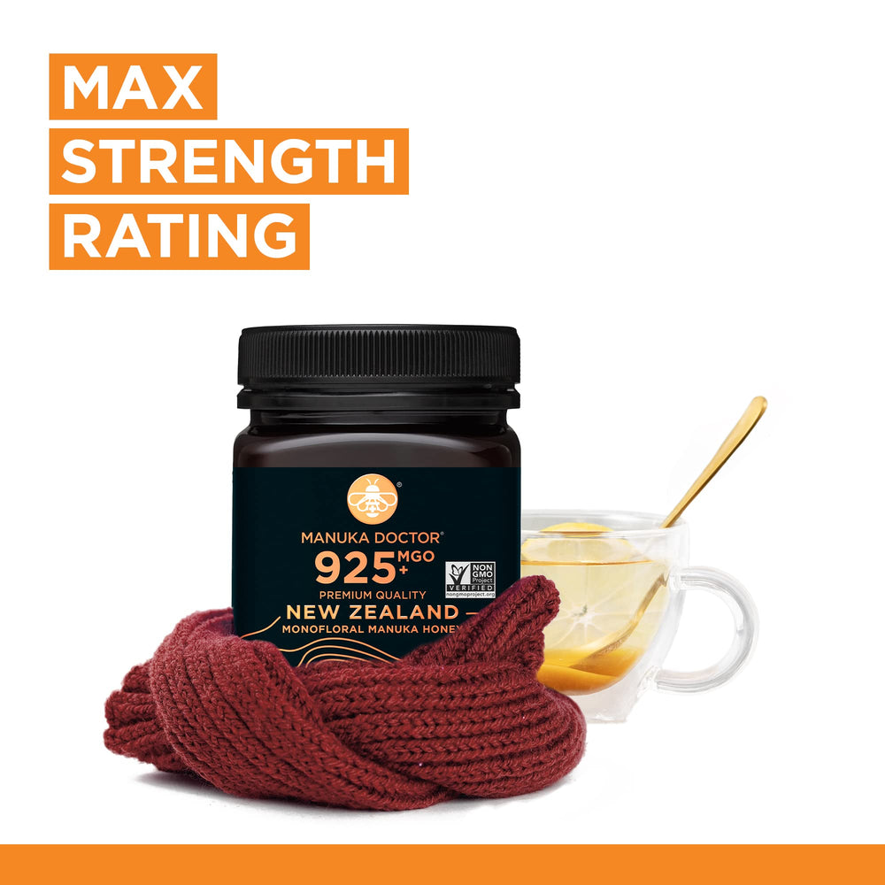 Manuka Doctor MGO 925 honey paired with tea for natural flavor.