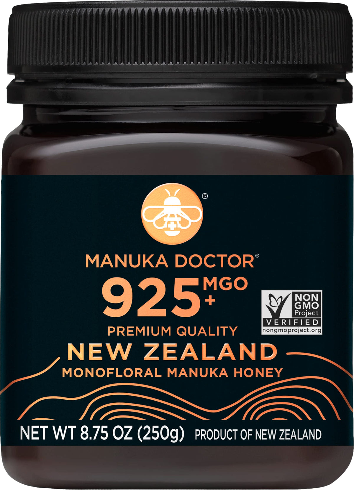 Manuka Doctor MGO 925 monofloral honey bottle shows premium New Zealand honey.