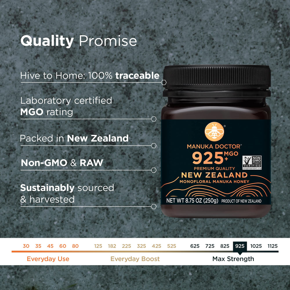 Manuka Doctor MGO 925 raw honey jar ready for daily use.