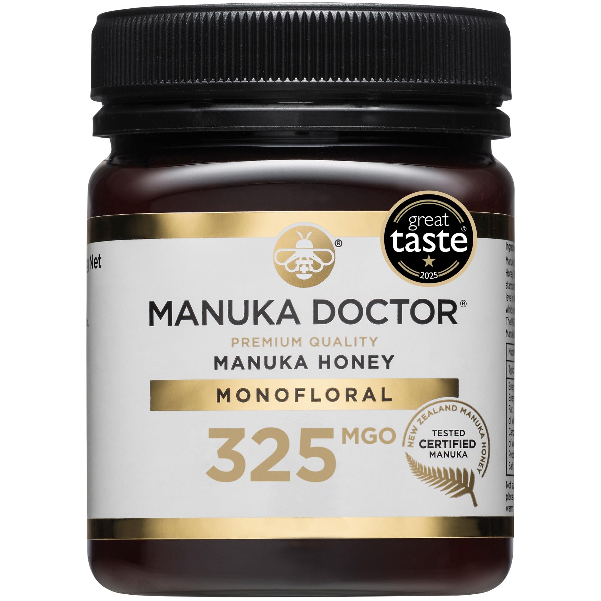 Manuka Doctor MGO 325+ monofloral honey jar, thick and creamy for spreading.
