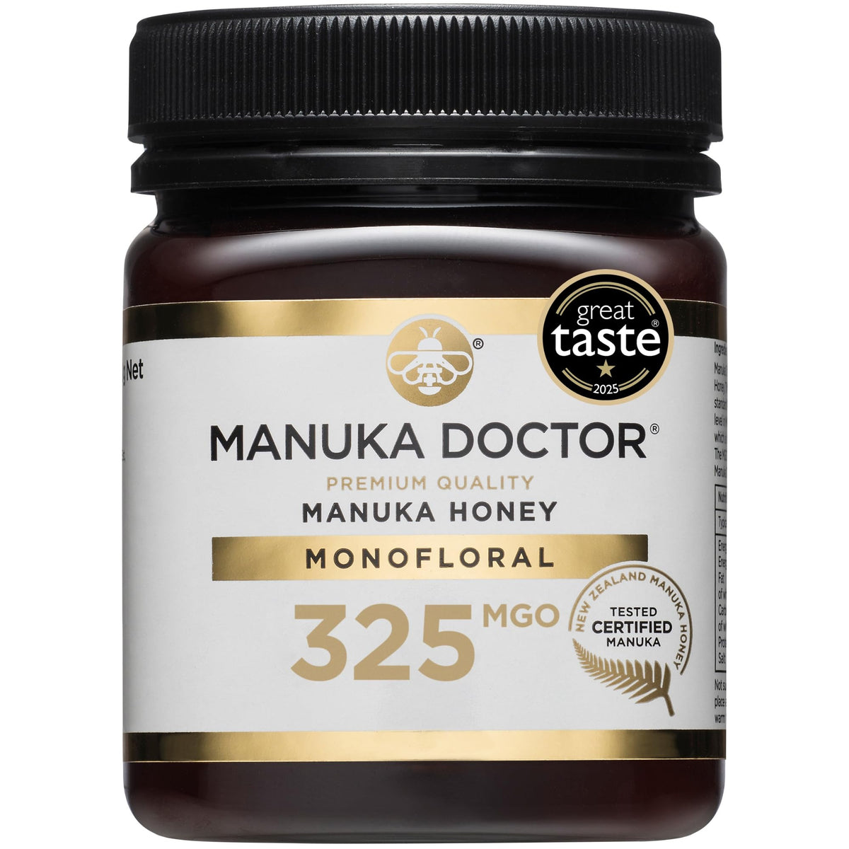 Manuka Doctor MGO 325+ monofloral honey jar, thick and creamy for spreading.