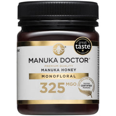 Manuka Doctor MGO 325+ monofloral honey jar, thick and creamy for spreading.