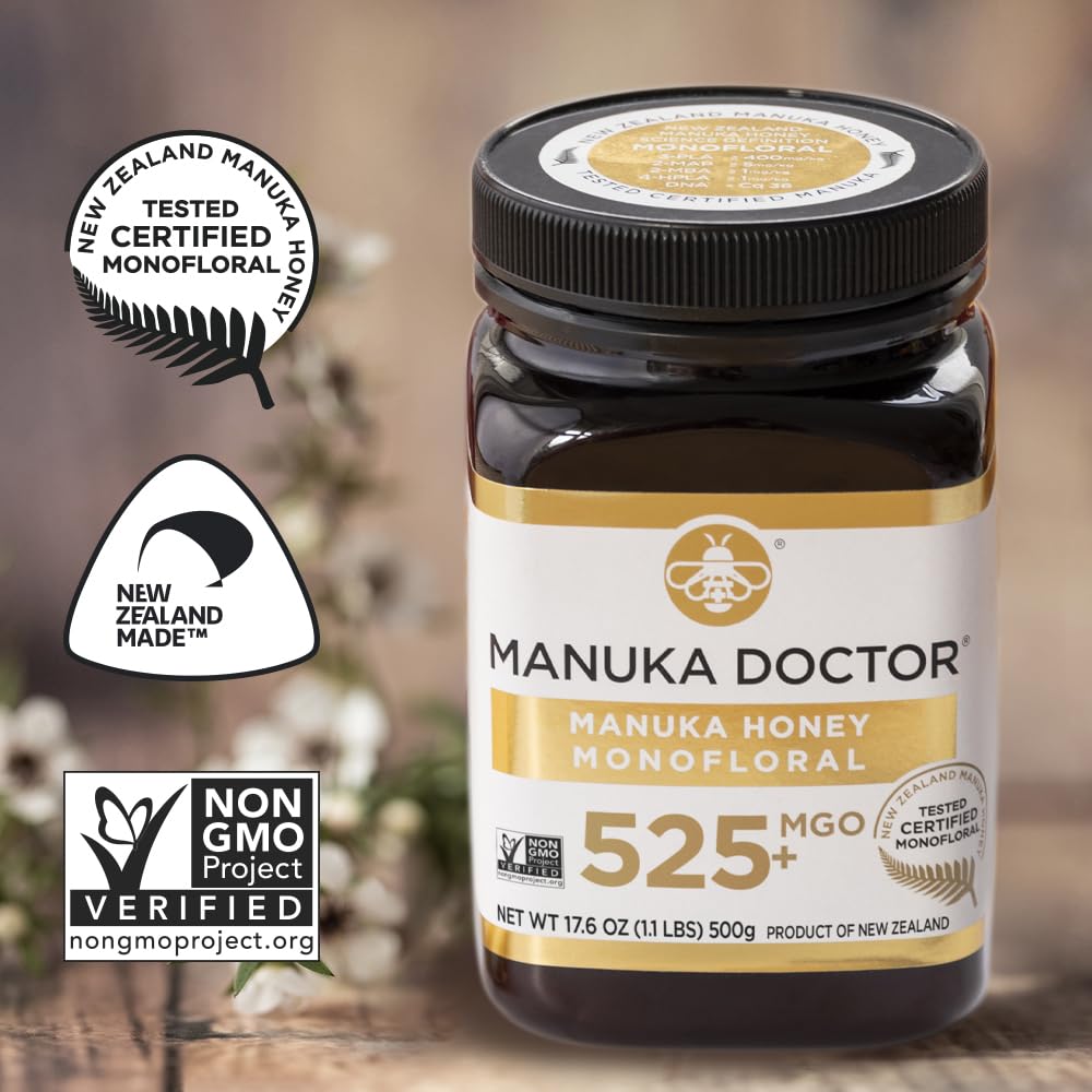 Manuka Doctor MGO525 label close-up confirms authenticity and potency.