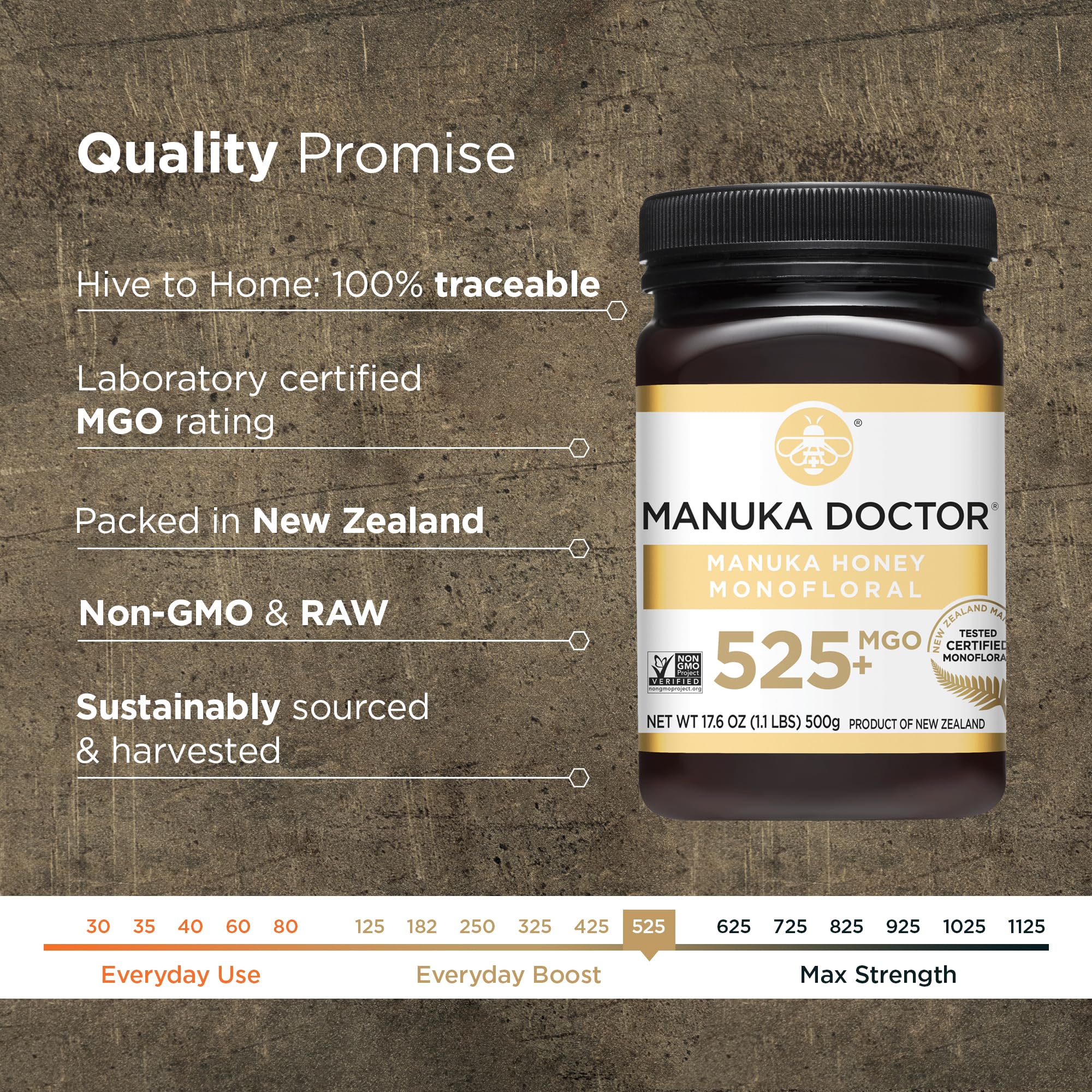 Manuka Doctor monofloral MGO525 bottle shows premium, single-source honey.